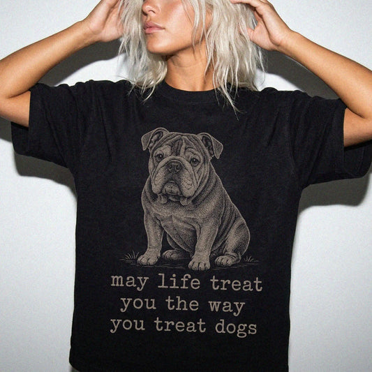 Woman wearing a Black Bulldog Karma T-Shirt
