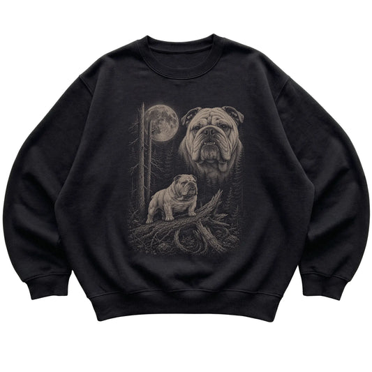 Bulldog Moonlit Forest graphic on a black crewneck sweatshirt laid flat
