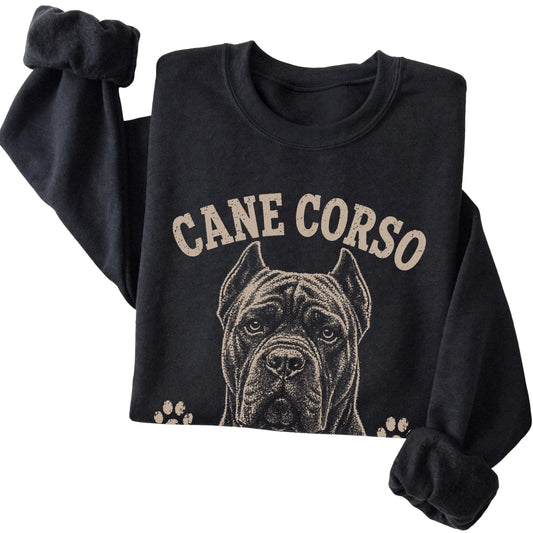 Black crewneck sweatshirt featuring Calm Until It's Time Not To Be - Cane Corso, folded presentation