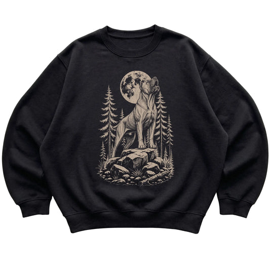 Close view of Cane Corso Howling at the Moon artwork on Black crewneck sweatshirt