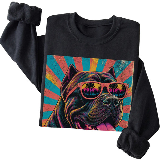 Folded Black crewneck sweatshirt with a Retro Cane Corso Mama design