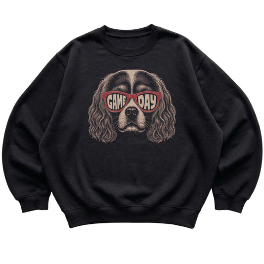 Black Cavalier King Charles Spaniel Game Day Sunglasses sweatshirt, laid flat