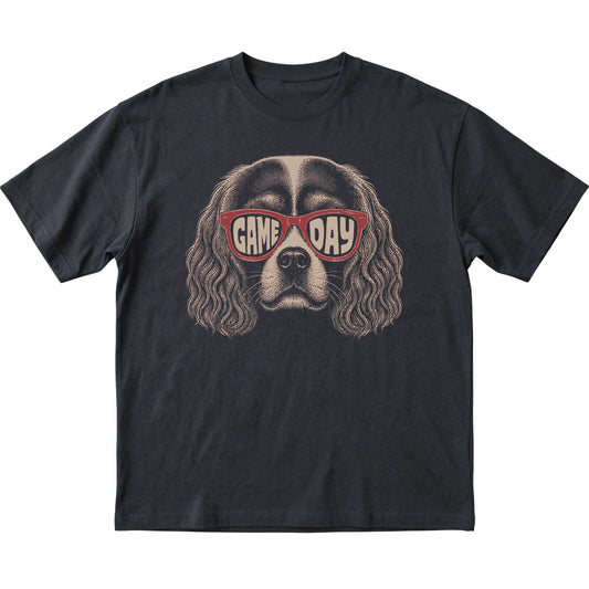 Black Cavalier King Charles Spaniel Game Day Sunglasses T-shirt, laid flat
