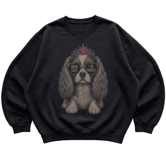 Black Cavalier King Charles Spaniel Mom Says I'm Perfect T-Shirt laid flat