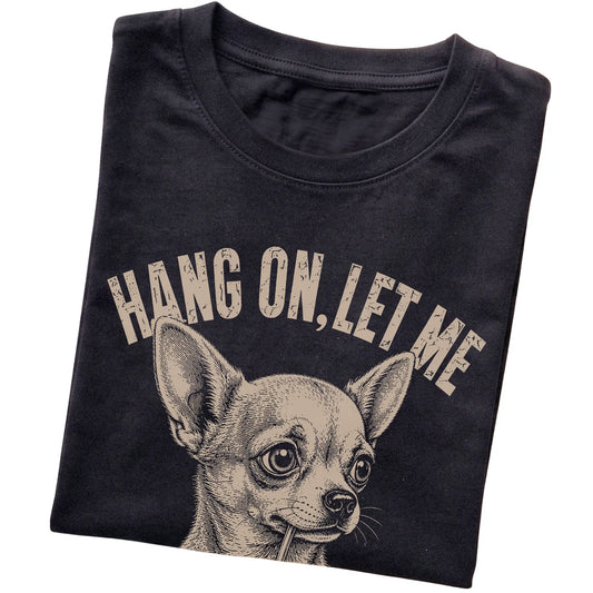 Black T-shirt featuring Overthinking Chihuahua, folded presentation