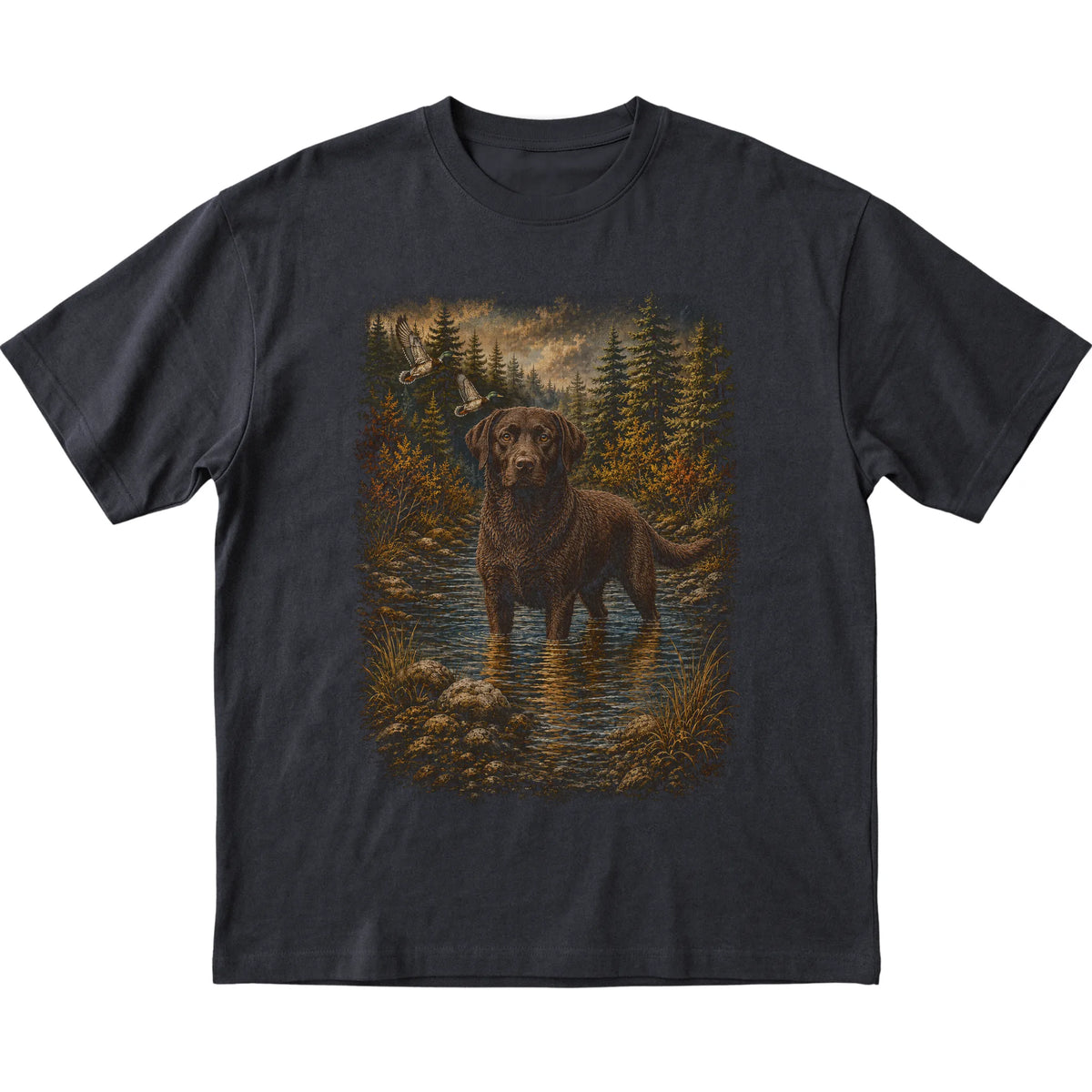 Chocolate Lab Duck Hunting T-Shirt in Black