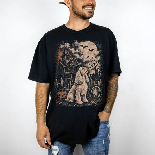 Model wearing a Black Comfort Colors® T-shirt showing Cocker Spaniel in a vintage haunted-house scene