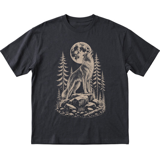 Close view of Collie Howling at the Moon artwork on Black softstyle T-shirt