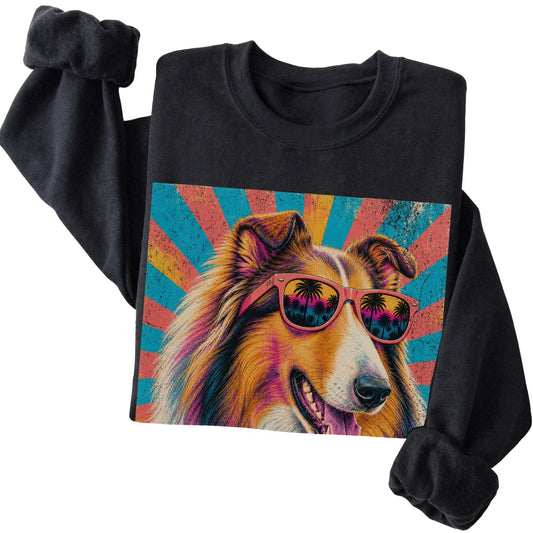 Folded Black crewneck sweatshirt with a Retro Collie Mama design
