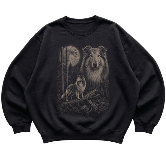Collie Moonlit Forest graphic on a black crewneck sweatshirt laid flat