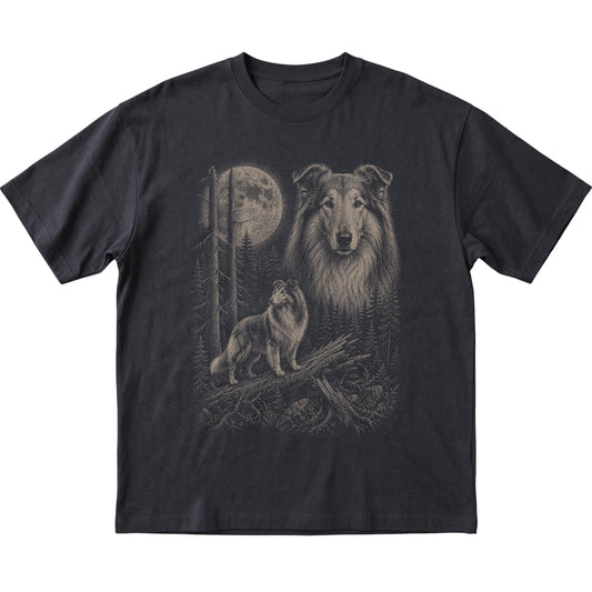 Collie Moonlit Forest graphic on a black Softstyle T-shirt laid flat