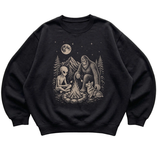 Black Corgi Camping with Bigfoot and Alien shirt laid flat
