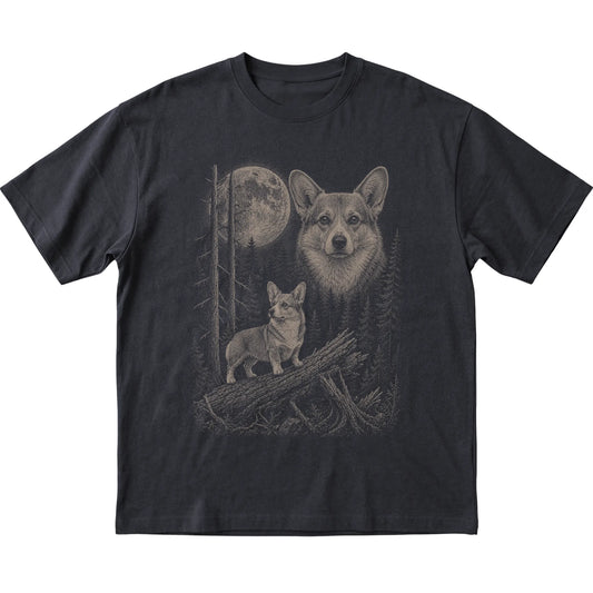 Corgi Moonlit Forest graphic on a black Softstyle T-shirt laid flat