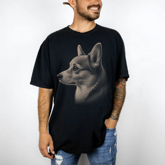 Model wearing a Black Comfort Colors® T-shirt with a detailed photographic portrait of a Corgi