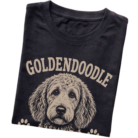 Black T-shirt featuring Curly Hair, Don't Care - Goldendoodle, folded presentation