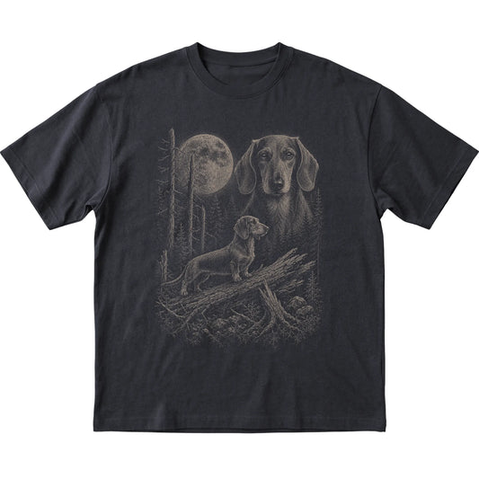 Dachshund Moonlit Forest graphic on a black Softstyle T-shirt laid flat