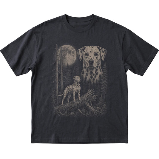 Dalmatian Moonlit Forest graphic on a black Softstyle T-shirt laid flat