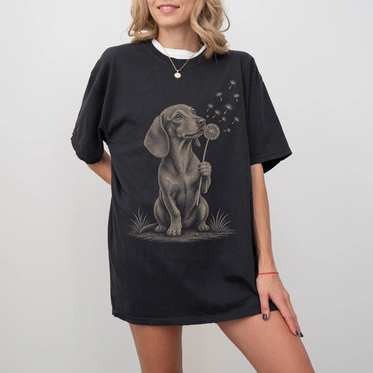 Model wearing a Black Comfort Colors® T-shirt showing Dachshund portrait with drifting dandelion seeds