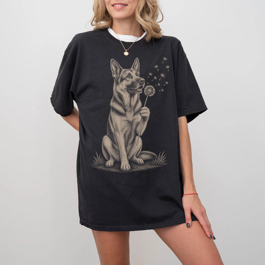 Model wearing a Black Comfort Colors® T-shirt showing German Shepherd portrait with drifting dandelion seeds