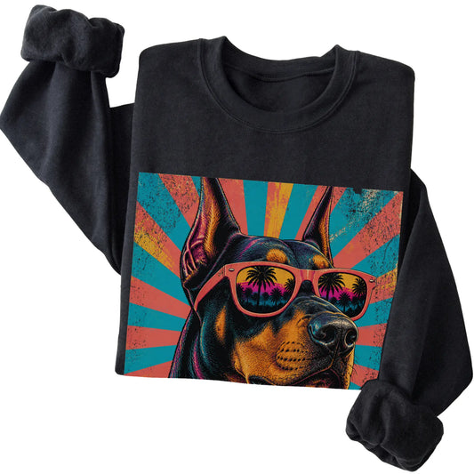 Folded Black crewneck sweatshirt with a Retro Doberman Mama design