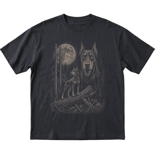 Doberman Moonlit Forest graphic on a black Softstyle T-shirt laid flat