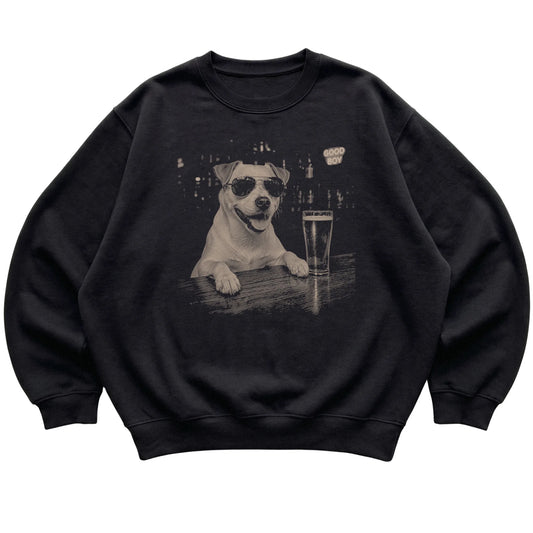 Black Jack Russell at a bar beside a pint, laid flat