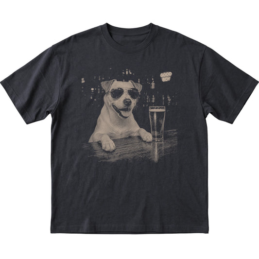 Black Jack Russell at a bar beside a pint, laid flat