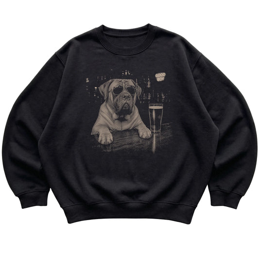 Black Mastiff at a bar beside a pint, laid flat