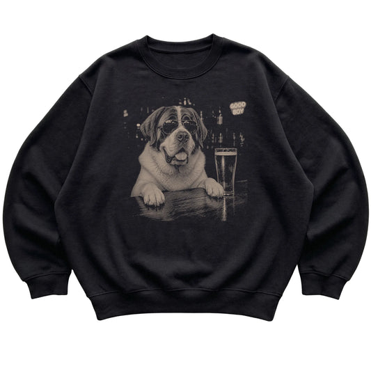 Black St Bernard at a bar beside a pint, laid flat