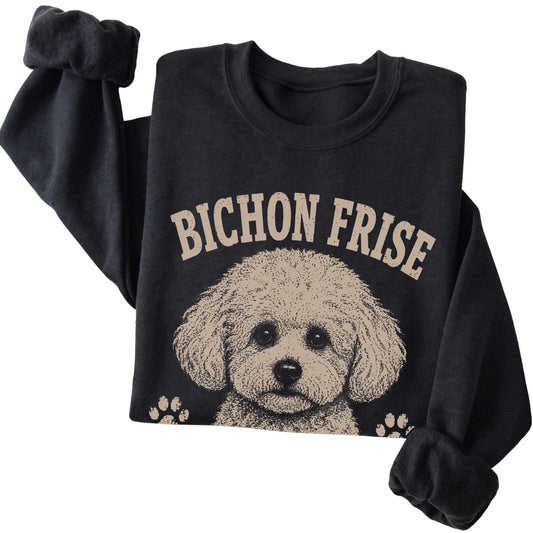 Black crewneck sweatshirt featuring Fluffy, Cheerful & Mildly Chaotic - Bichon Frise, folded presentation