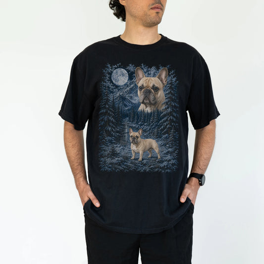 Person wearing a Black French Bulldog winter forest t-shirt