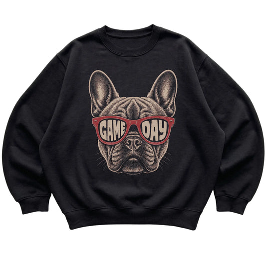 Black French Bulldog Game Day Sunglasses sweatshirt, laid flat