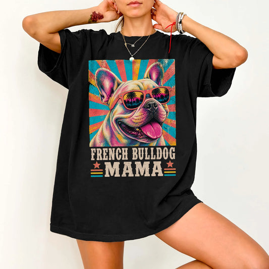 Retro French Bulldog Mama design on a Black Comfort Colors T-shirt worn by a model