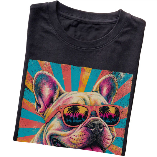 Folded Black softstyle T-shirt with a Retro French Bulldog Mama design