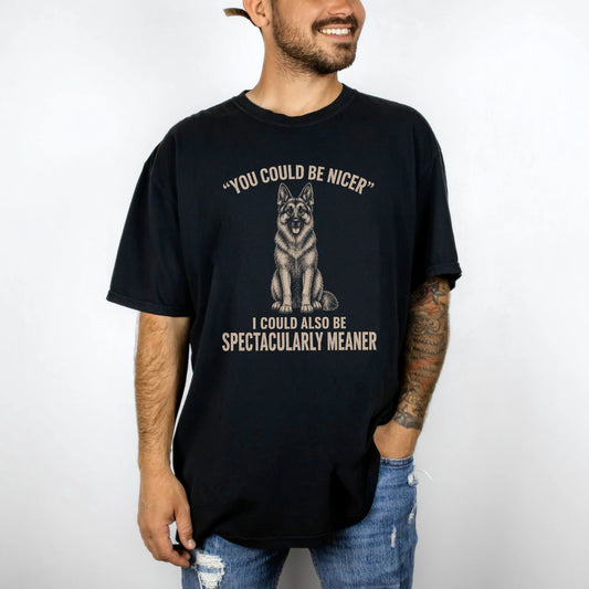 German Shepherd Guard Dog T-Shirt in Black worn in a studio setting