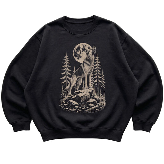 Close view of German Shepherd Howling at the Moon artwork on Black crewneck sweatshirt