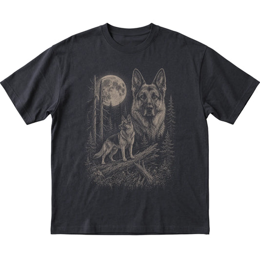 German Shepherd Moonlit Forest graphic on a black Softstyle T-shirt laid flat