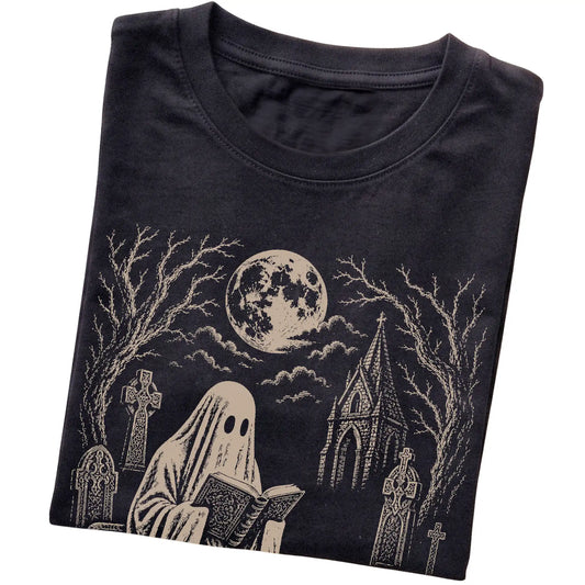 Black T-shirt featuring Ghost Reading to American Bulldog, folded presentation
