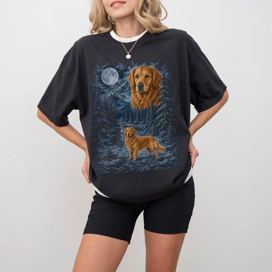 Person wearing a Black Golden Retriever winter forest t-shirt