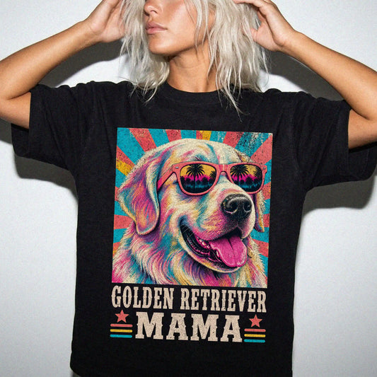 Retro Golden Retriever Mama design on a Black Comfort Colors T-shirt worn by a model