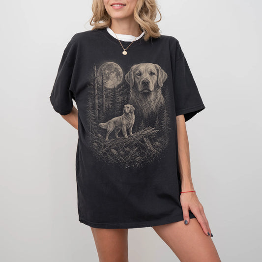 Woman wearing a Black Golden Retriever Moonlit Forest T-Shirt