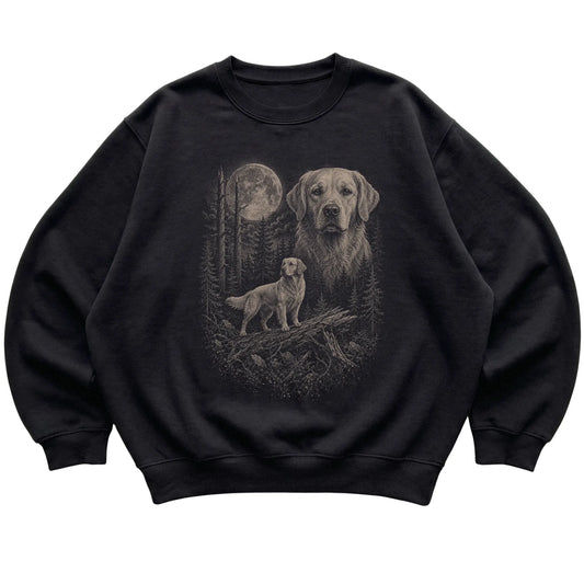 Golden Retriever Moonlit Forest graphic on a black crewneck sweatshirt laid flat