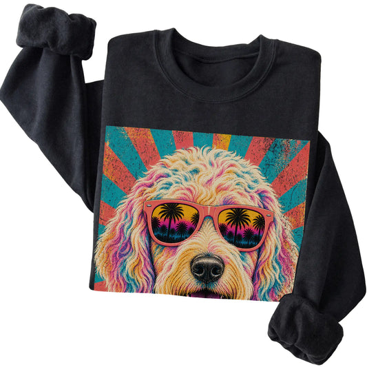 Folded Black crewneck sweatshirt with a Retro Goldendoodle Mama design