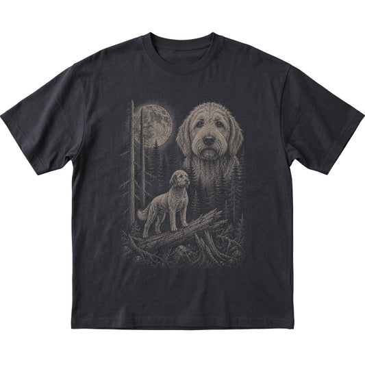 Goldendoodle Moonlit Forest graphic on a black Softstyle T-shirt laid flat