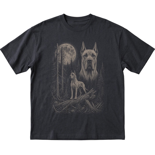 Great Dane Moonlit Forest graphic on a black Softstyle T-shirt laid flat