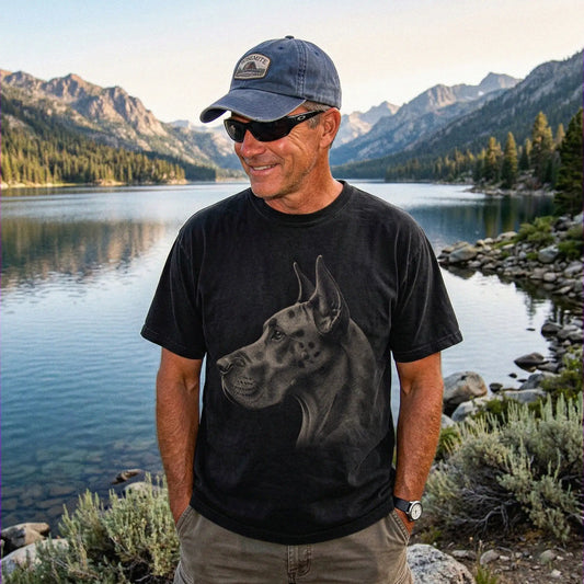 Model wearing a Black Comfort Colors® T-shirt with a detailed photographic portrait of a Great Dane