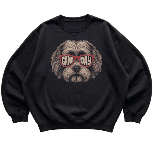 Black Havanese Game Day Sunglasses sweatshirt, laid flat