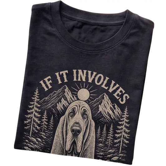 Black Hiking and Bloodhounds T-shirt folded to show the printed design