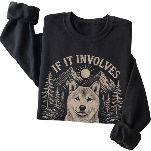 Black Hiking and Shiba Inus sweatshirt folded to show the printed design