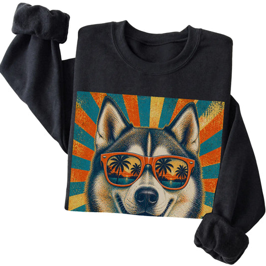 Folded Black crewneck sweatshirt with a Retro Husky Dad design